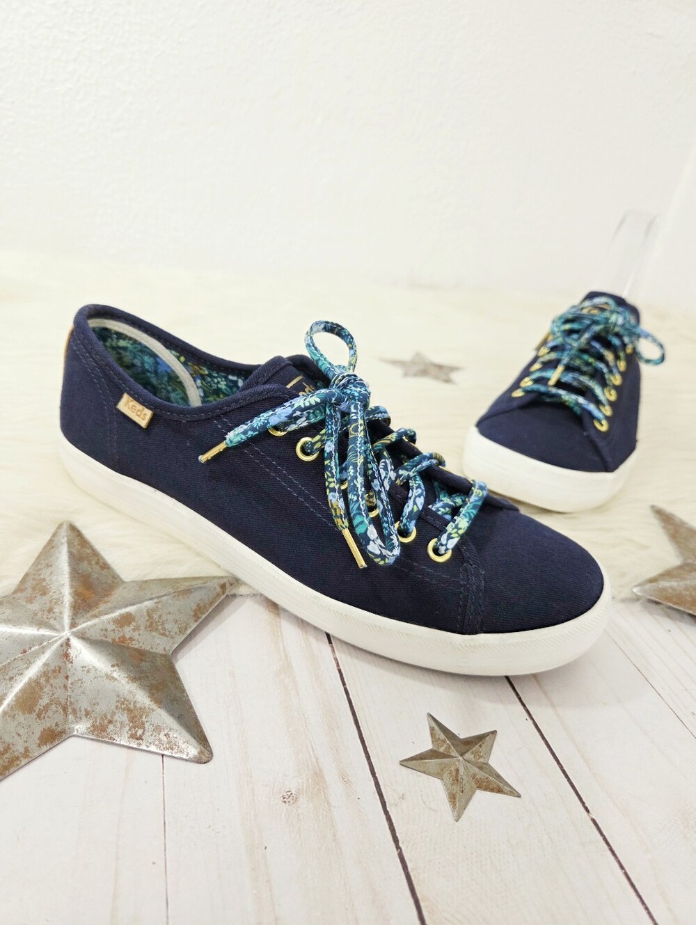 Keds x Rifle Paper Company Kickstart low top canvas sneaker Meadow Blue navy 7.5